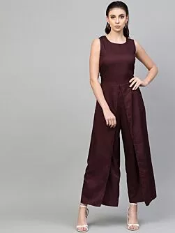 Women Burgundy Solid Layered Basic Jumpsuit
