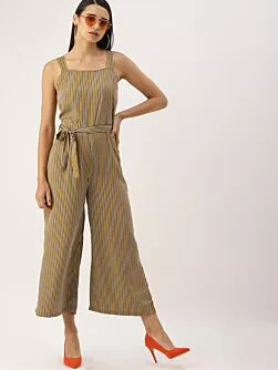 Women Mustard & Navy Blue Striped Basic Jumpsuit