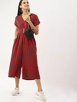 Women Red & Black Striped Culotte Jumpsuit