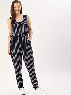 Navy Blue & Off-White Striped Basic Jumpsuit