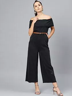 Women Black Solid Denim Basic Jumpsuit