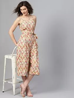 Beige & Pink Printed Culotte Jumpsuit