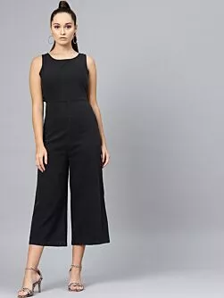 Women Black Solid Denim Culotte Jumpsuit