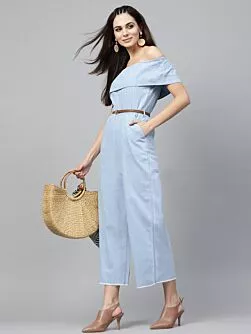 Blue Solid Denim Basic Jumpsuit