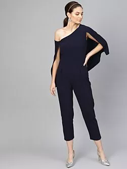 Women Navy Blue Solid One Shoulder Basic Cape Jumpsuit