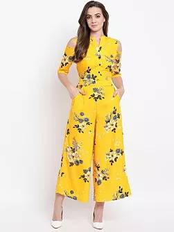 Women Mustard Yellow & Blue Printed Cold-Shoulder Basic Jumpsuit