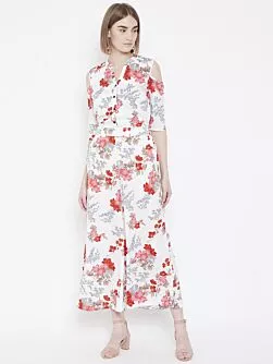 Women White & Red Printed Cold-Shoulder Basic Jumpsuit