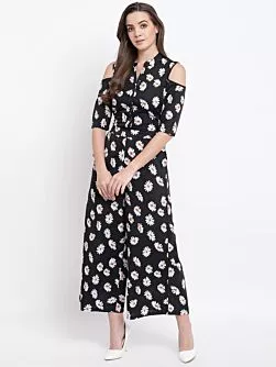 Women Black & White Printed Cold-Shoulder Basic Jumpsuit