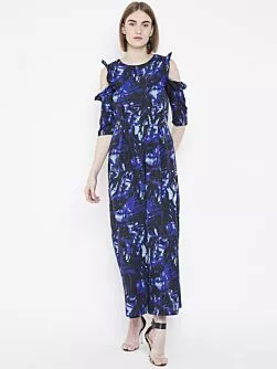 Women Blue & Black Printed Cold-Shoulder Basic Jumpsuit