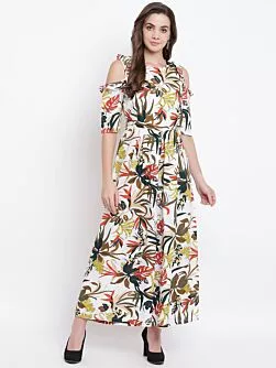 Women White & Green Printed Cold-Shoulder Basic Jumpsuit