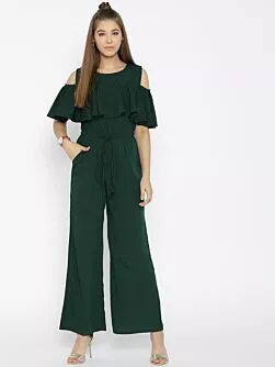 Olive Green Solid Cold-Shoulder Jumpsuit