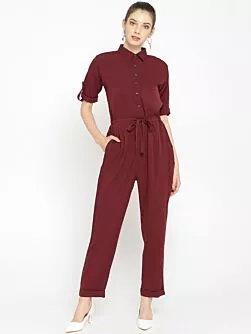 Women Burgundy Solid Basic Jumpsuit
