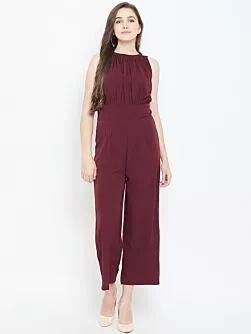 Women Burgundy Solid Basic Jumpsuit
