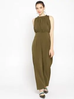 Women Olive Green Solid Basic Jumpsuit