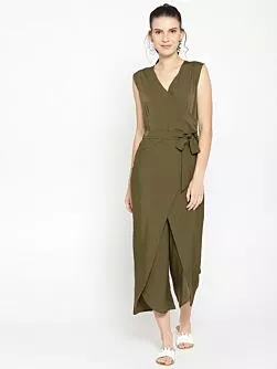 Women Olive Green Solid Layered Basic Jumpsuit