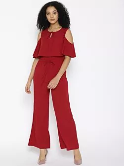 Maroon Layered Cold-Shoulder Jumpsuit