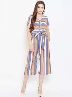 Women Blue & Orange Striped Culotte Jumpsuit