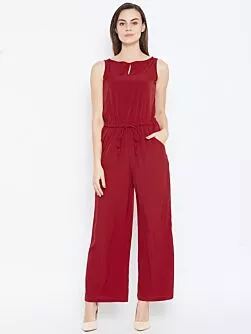 Women Maroon Solid Basic Jumpsuit
