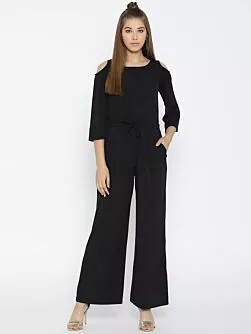 Black Solid Cold-Shoulder Jumpsuit
