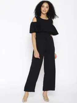 Black Solid Cold-Shoulder Jumpsuit