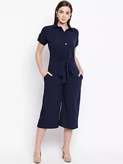 Women Navy Blue Solid Culotte Jumpsuit