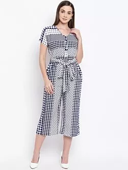 Women White & Navy Blue Printed Culotte Jumpsuit