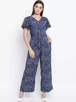 Women Navy Blue & White Printed Basic Jumpsuit