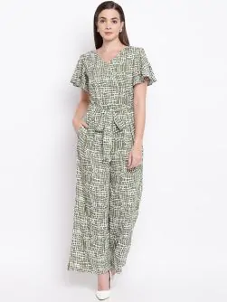 Women Off-White & Olive Green Printed Basic Jumpsuit