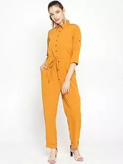 Women Mustard Yellow Solid Basic Jumpsuit