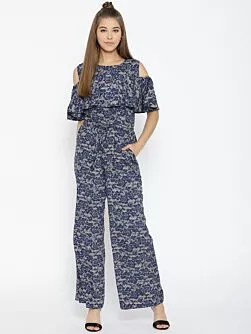 Women Blue & Grey Printed Basic Jumpsuit