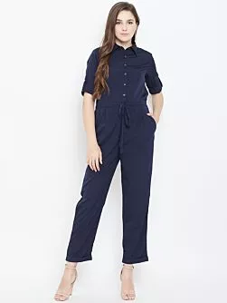 Women Navy Blue Solid Basic Jumpsuit