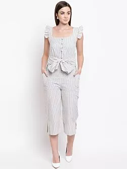 Women Off-White & Blue Striped Culotte Jumpsuit