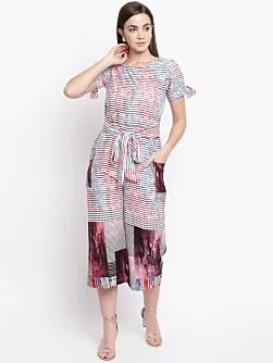Women White & Blue Striped Culotte Jumpsuit