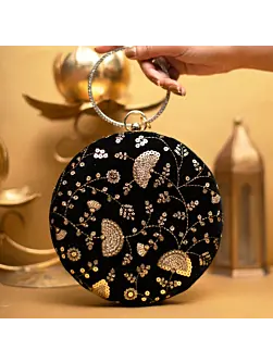 Women Black And Golden Embroidery Round Clutch