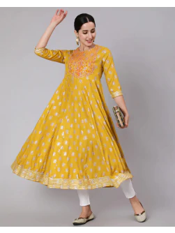 Women Floral Print Flared Anarkali Long Kurta