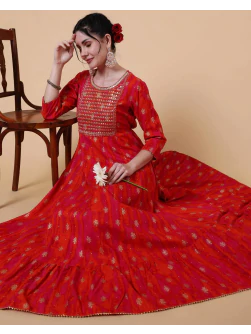 Women Floral Embroidered Flared Anarkali Long Kurta