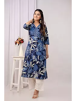 Blue Printed Straight Kurta for Girls Casual Wear