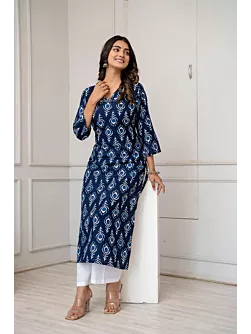Women Navy Blue Printed Straight Kurta 