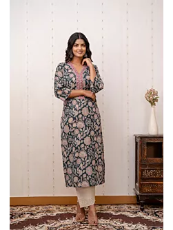Women Green Printed Straight Kurta with Three Quarter Sleeves