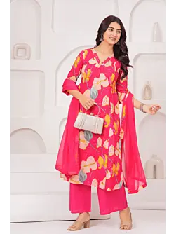 Pink Printed Straight Kurta Set With Dupatta for Women