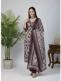 Burgundy Printed Straight Kurta Set With Dupatta for Women