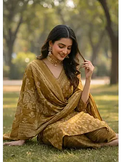 Ochre Yellow Printed Straight Kurta Set With Dupatta for Women