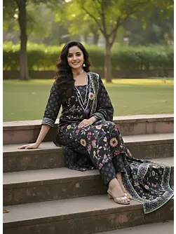 Black Floral Printed Straight Kurta Set With Dupatta for Women