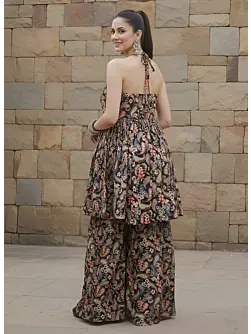 Black Printed Flared Kurta With Sharara for Women