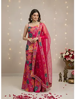 Magenta Printed Straight Kurta Set With Dupatta for Women