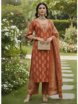 Rust Printed Straight Kurta Set With Dupatta for Women