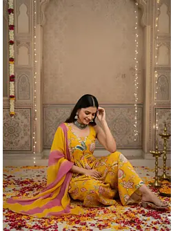Yellow Printed Flared Kurta Set With Dupatta for Women