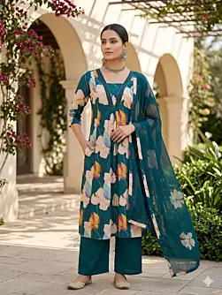 Teal Blue Printed Anarkali Kurta Set With Dupatta for Women