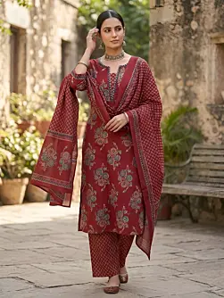 Maroon Printed Straight Kurta Set With Dupatta for Women