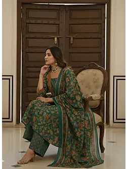 Green Printed Flared Kurta Set With Dupatta for Women